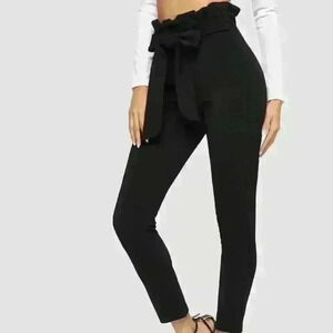 MANIAC Women's Skinny Black Pants L Belted Slim Fit Stretch Trouser